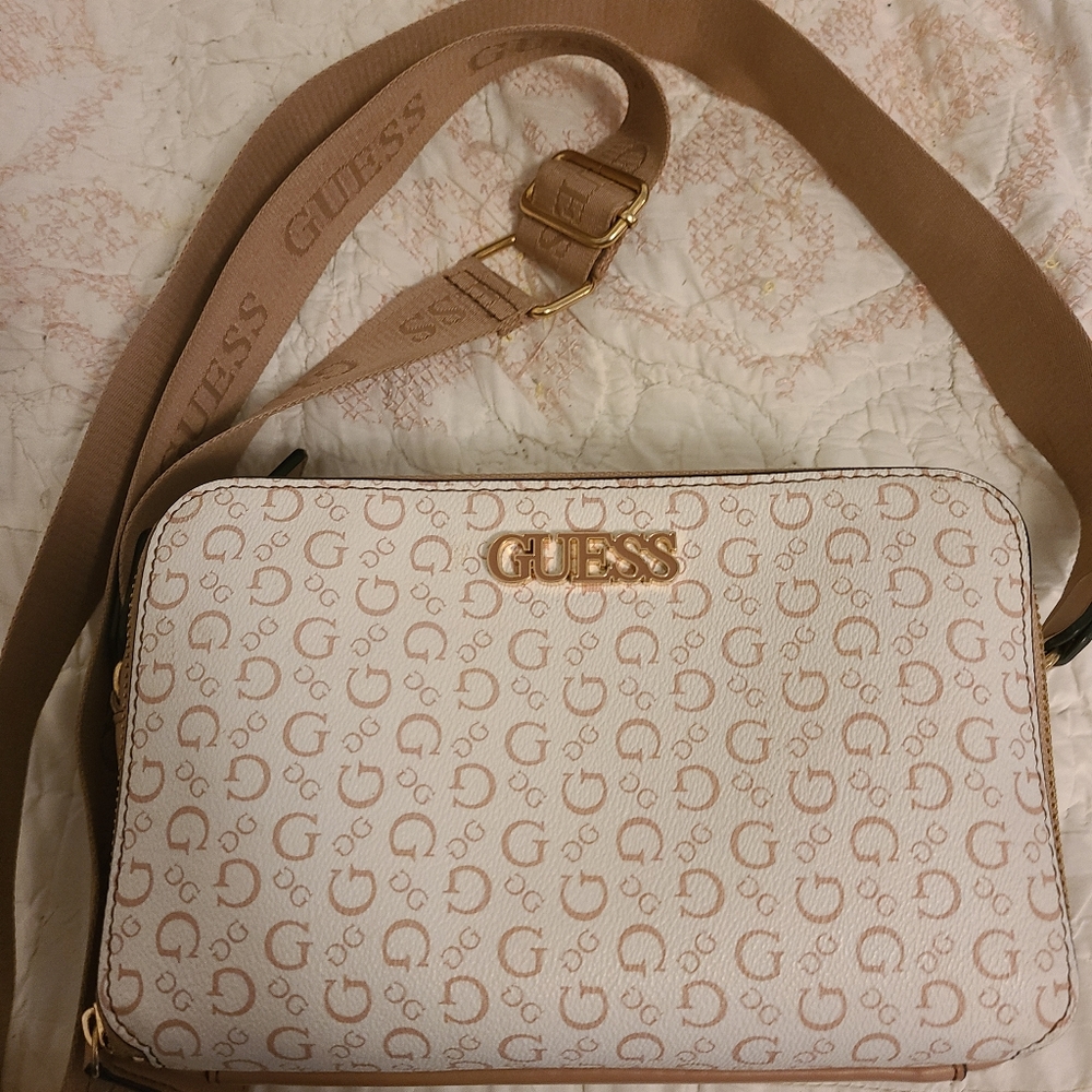 Guess Cream and Tan Monogram Crossbody Bag